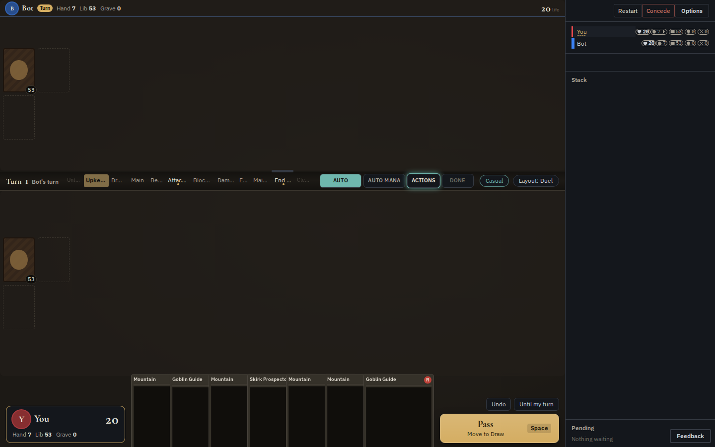 A human seat's board on turn 1: the opponent's area at the top, the centre strip with the phase track and AUTO, AUTO MANA, ACTIONS and DONE buttons, the player's hand along the bottom, the Pass button bottom right, and the rail on the right with the players, stack and pending decision
