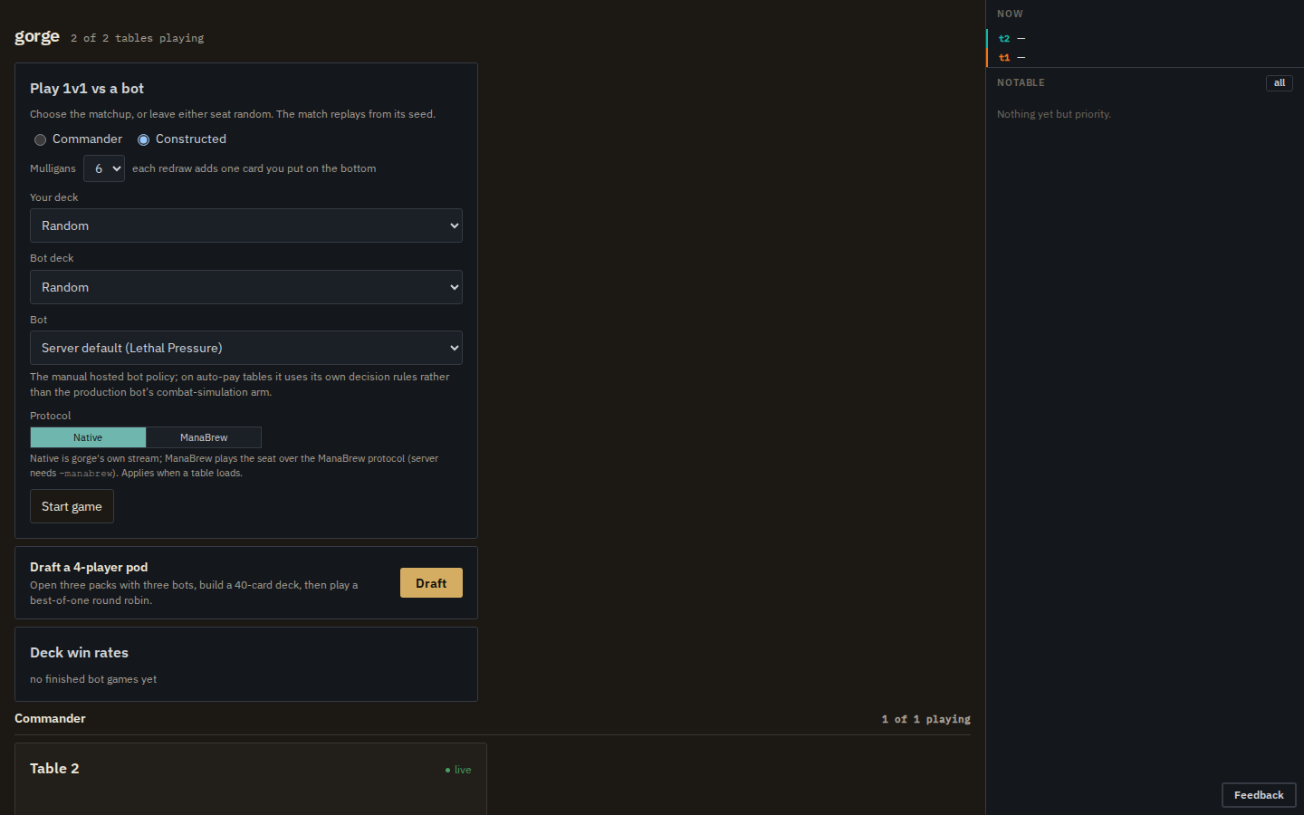 The gorged lobby: the Play 1v1 vs a bot panel with format, mulligans, deck and bot pickers, the draft entry, the deck win-rate board and the table grid, with a live feed rail on the right