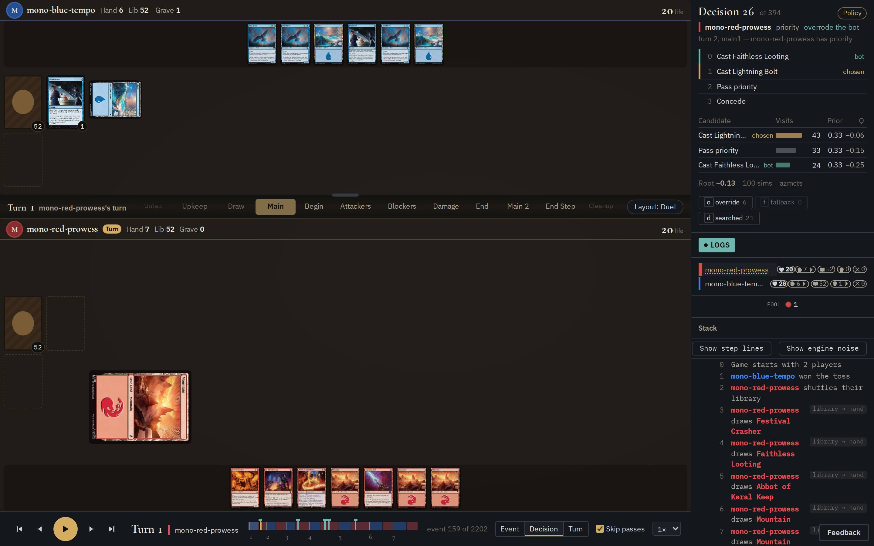 The review screen at decision 26 of a recorded game: the board on the left with both hands visible, the decision panel at the top of the right rail listing four options and a search table, the seat summaries and log below it, and the replay transport across the bottom